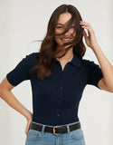 SGW Navy Blue Front Full Button Rib Knit Tee - Half Sleeves