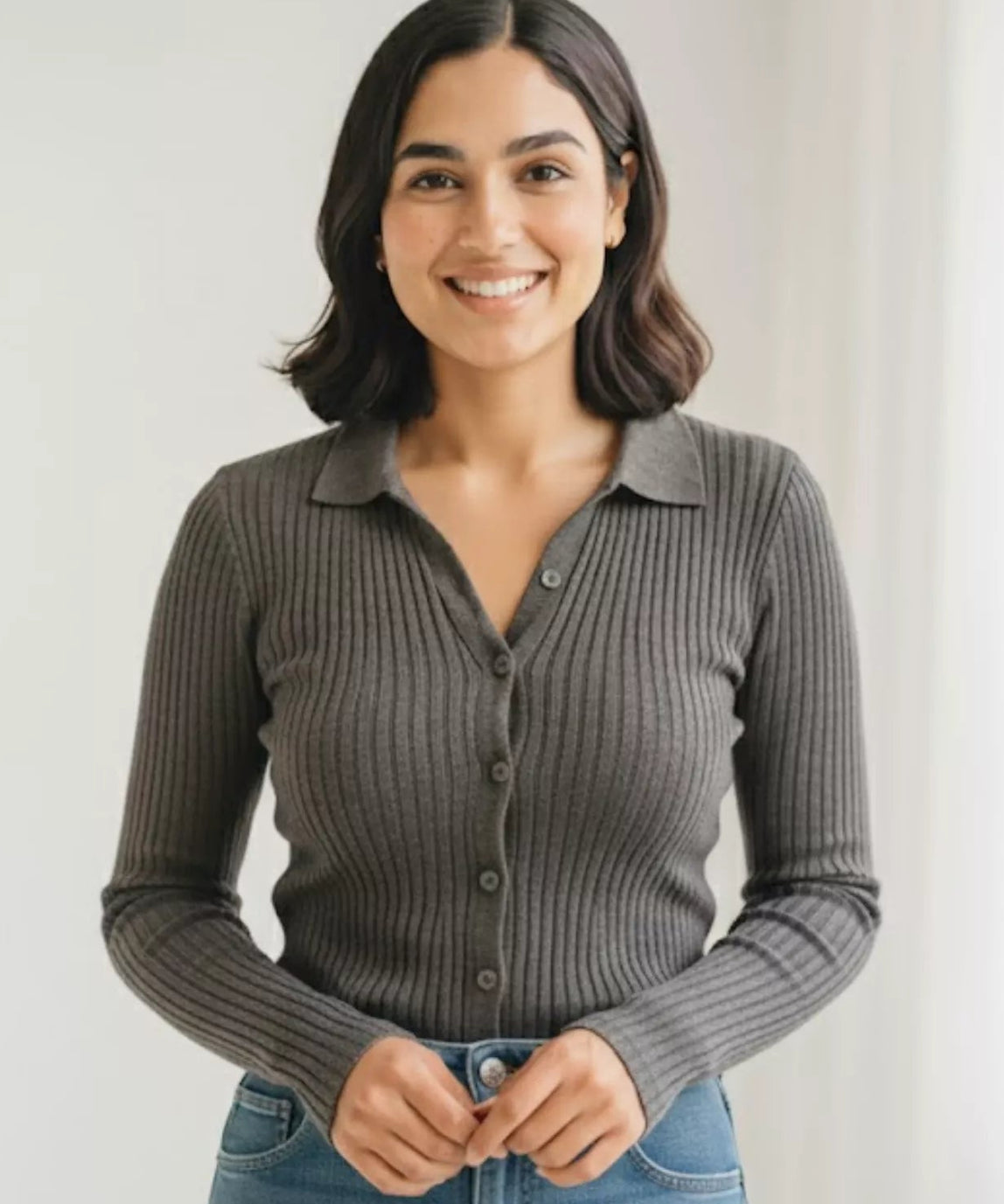 SGW Grey V Neck Knit Shirt Full Button - Full Sleeves