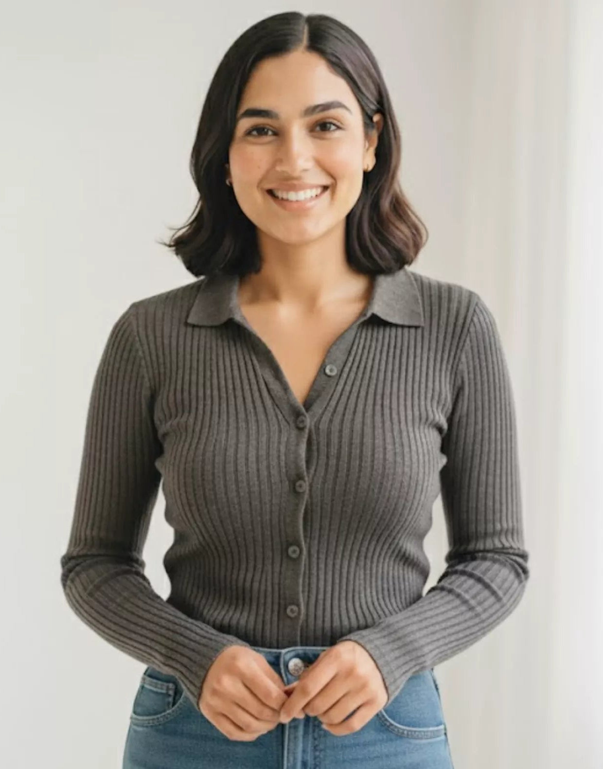 SGW Grey V Neck Knit Shirt Full Button - Full Sleeves