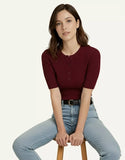 SGW Maroon Round Neck Button-Front Top - Half Sleeves