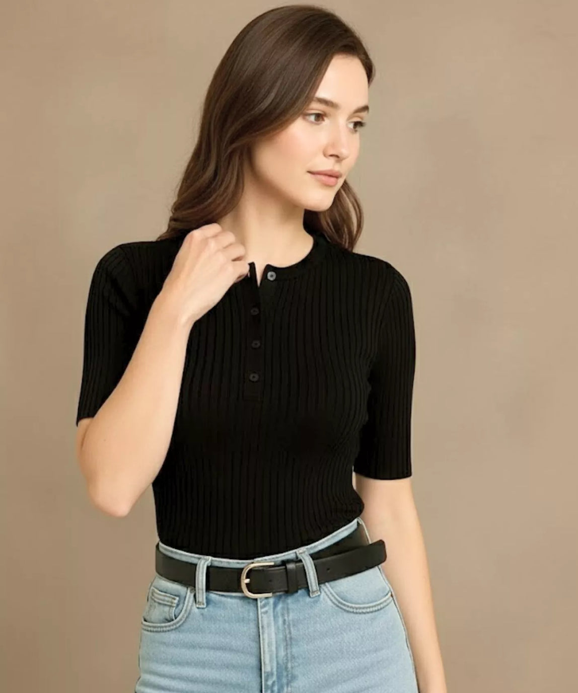 SGW Black Round Neck Button-Front Top - Half Sleeves