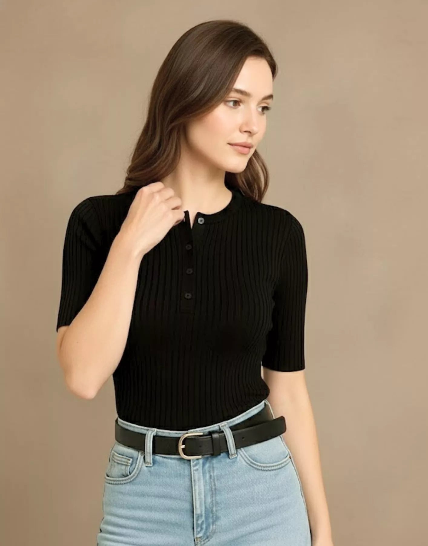 SGW Black Round Neck Button-Front Top - Half Sleeves