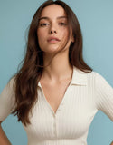 SGW White Ribbed Button Polo Tee - Half Sleeves