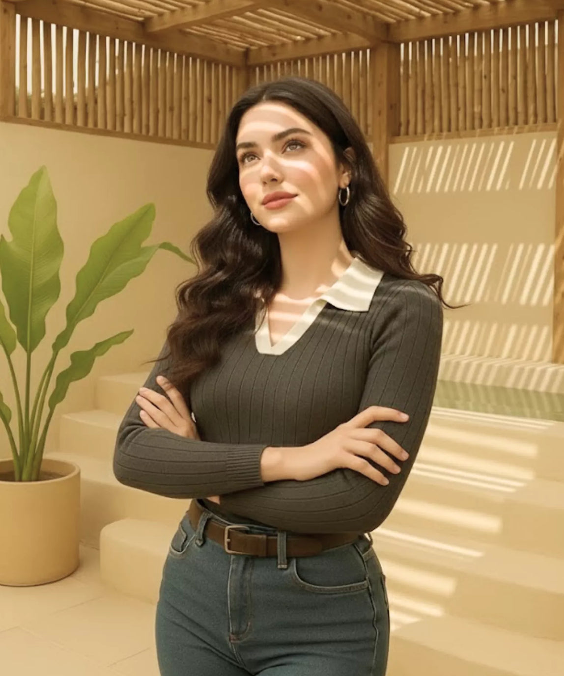 SGW - Charcoal Ribbed Knit Polo - White Contrast Collar Full Sleeves