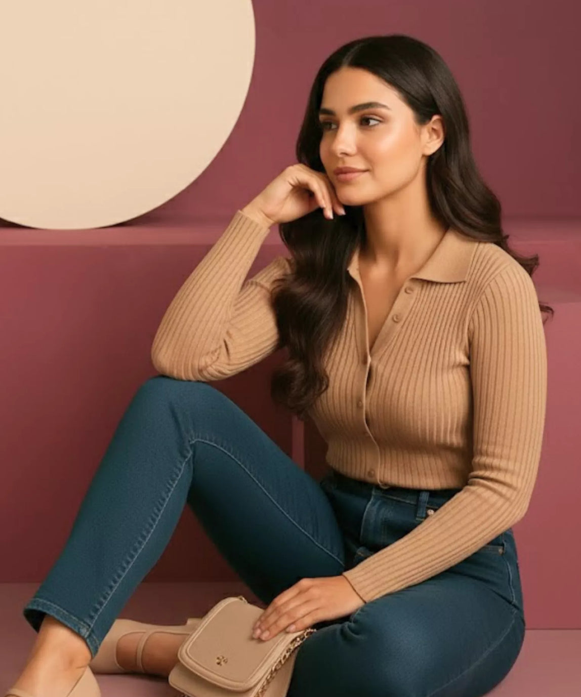 SGW Beige V-Neck Knit Shirt Full Button - Full Sleeves