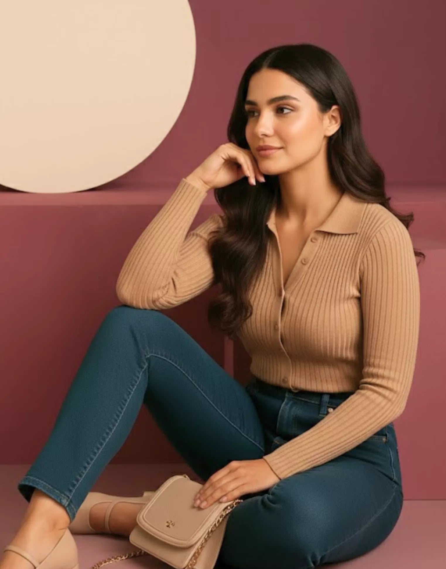 SGW Beige V-Neck Knit Shirt Full Button - Full Sleeves