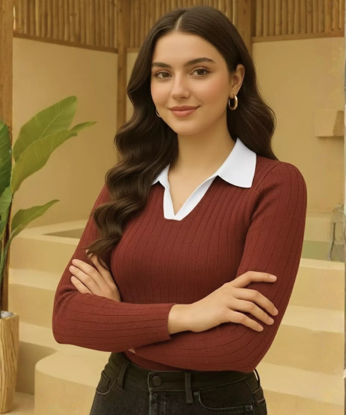 SGW - Maroon Ribbed Knit Polo - White Contrast Collar – Full Sleeves