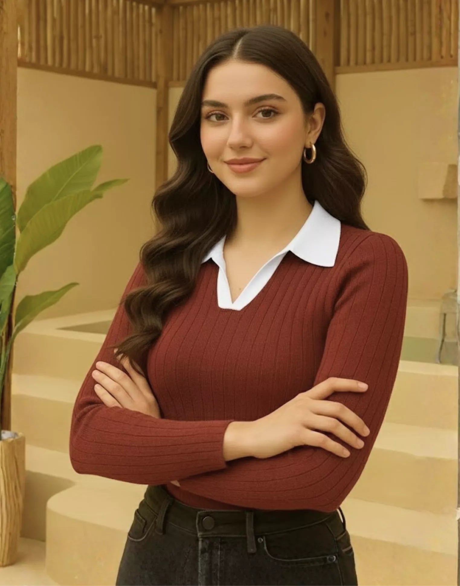 SGW - Maroon Ribbed Knit Polo - White Contrast Collar – Full Sleeves