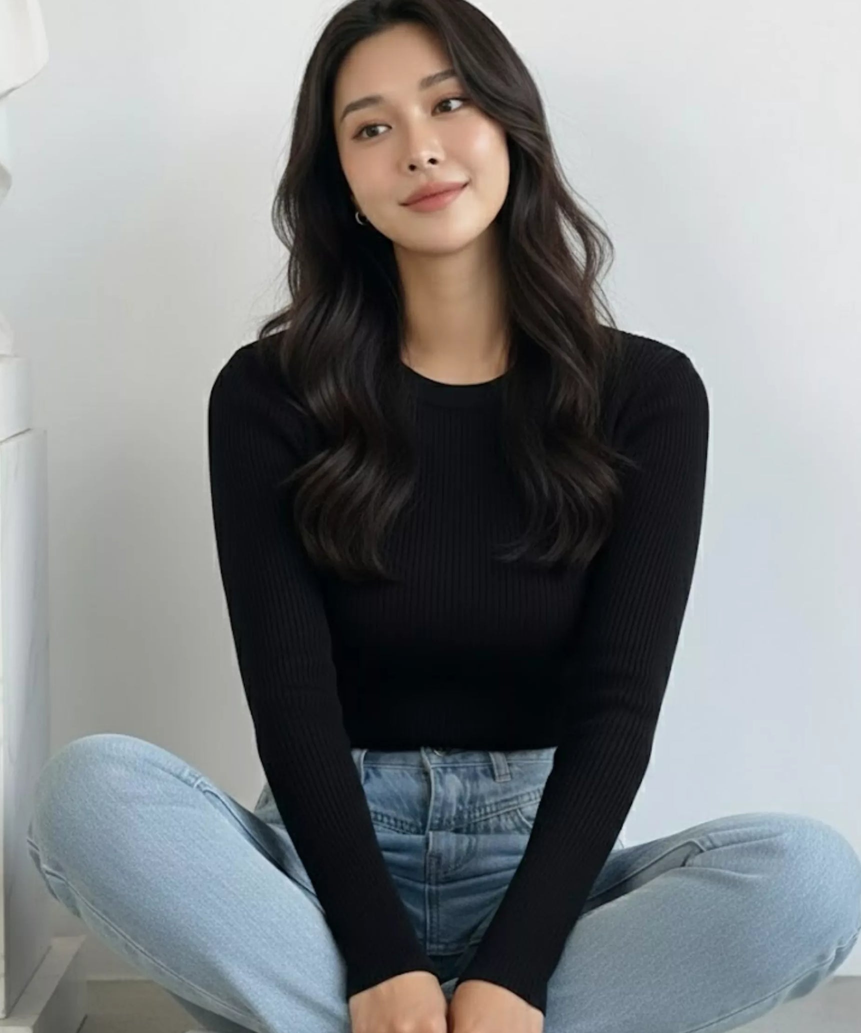 Classic Black Ribbed Crew Neck Top - Full Sleeves - SelectGraceWear