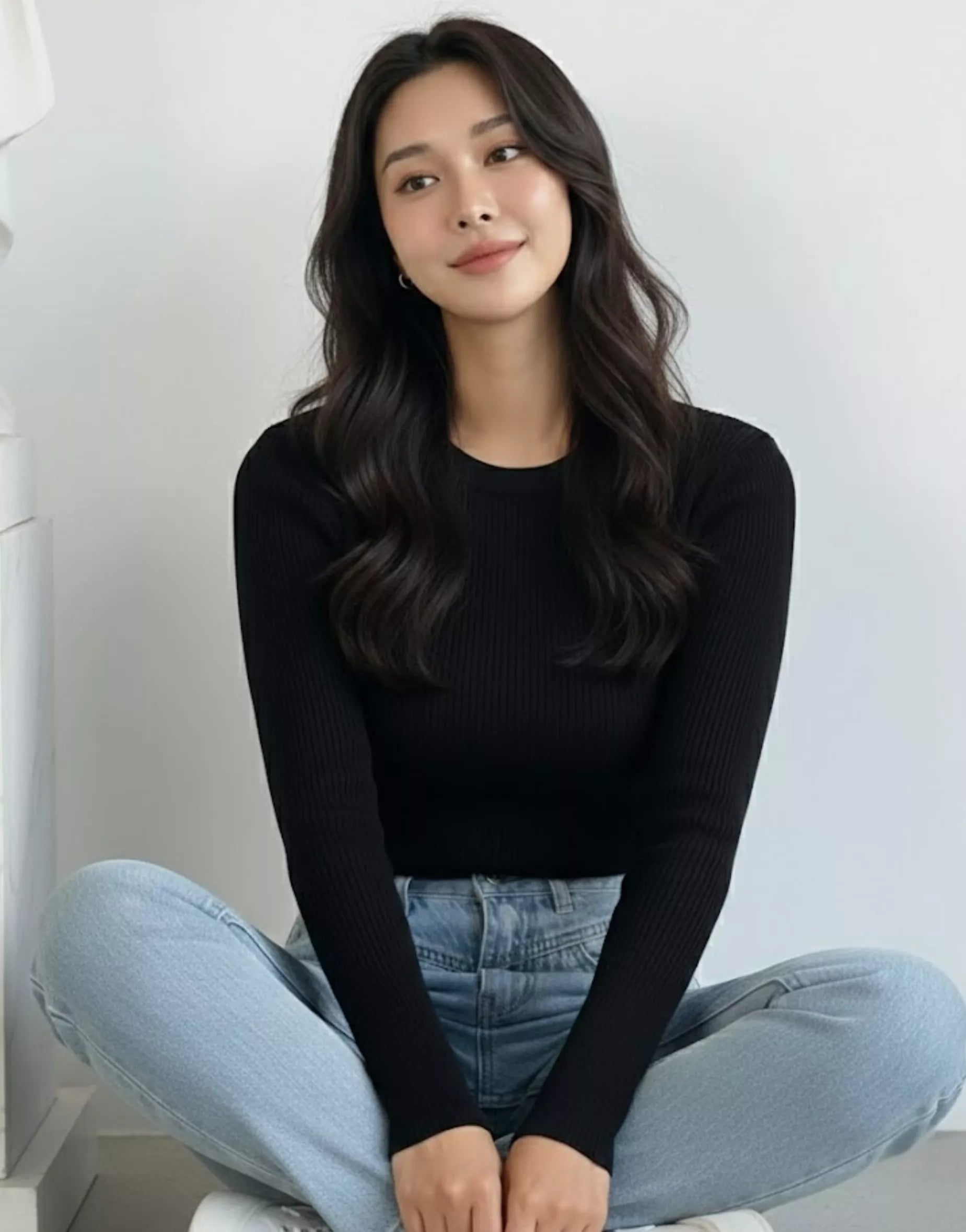 Classic Black Ribbed Crew Neck Top - Full Sleeves - SelectGraceWear