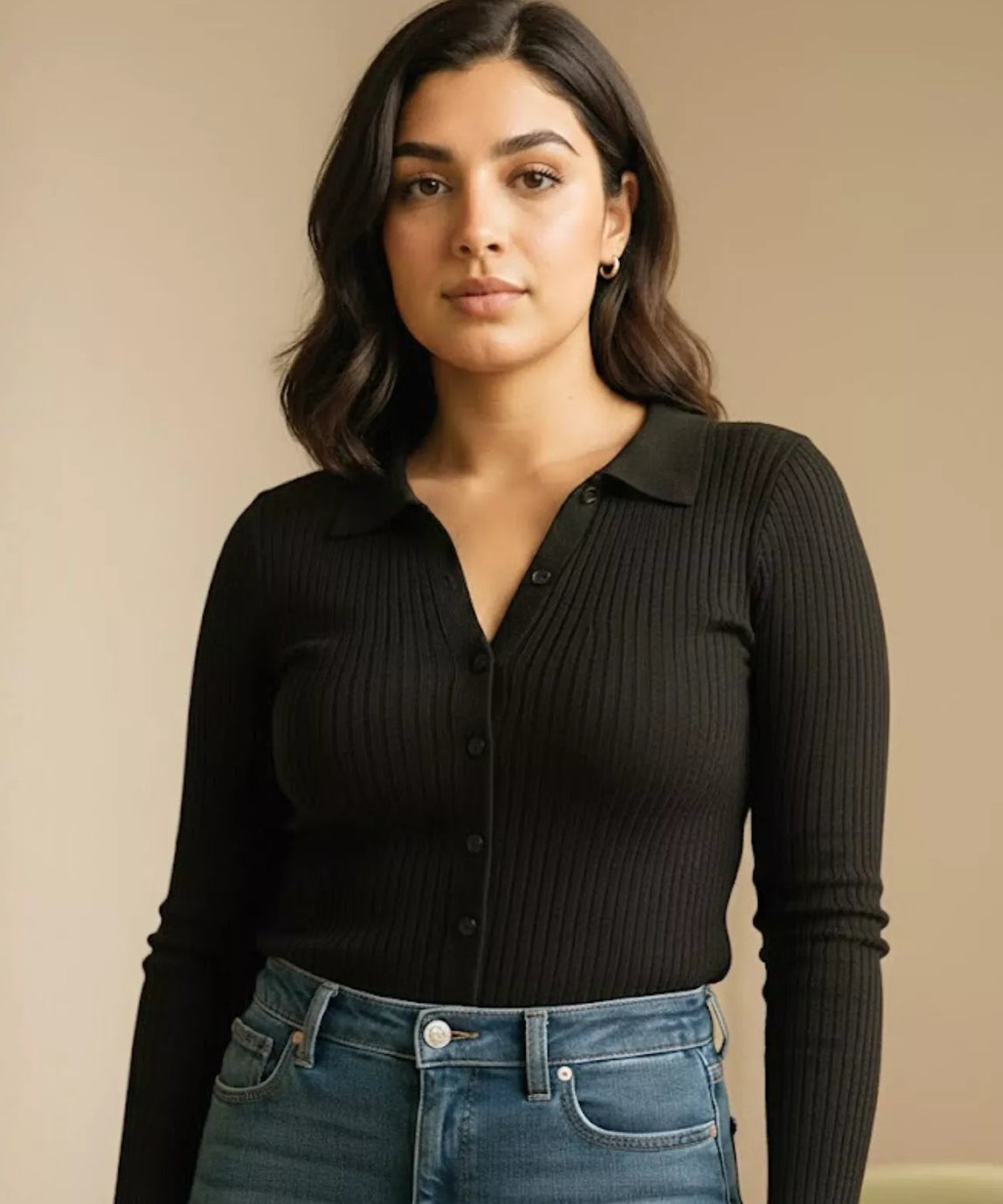 SGW Black V-Neck Knit Shirt Full Button - Full Sleeves