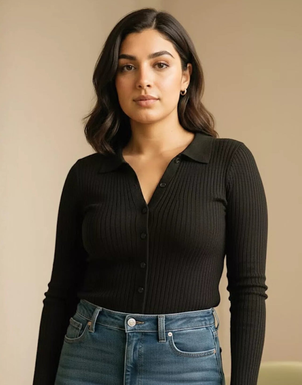 SGW Black V-Neck Knit Shirt Full Button - Full Sleeves