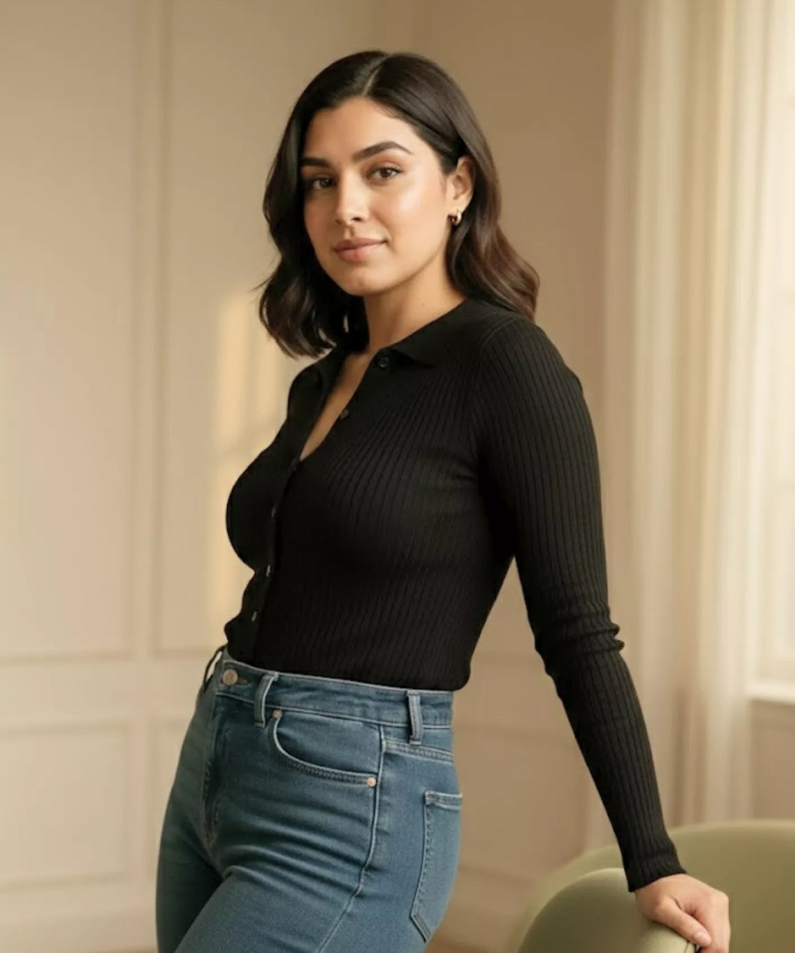 SGW Black V-Neck Knit Shirt Full Button - Full Sleeves