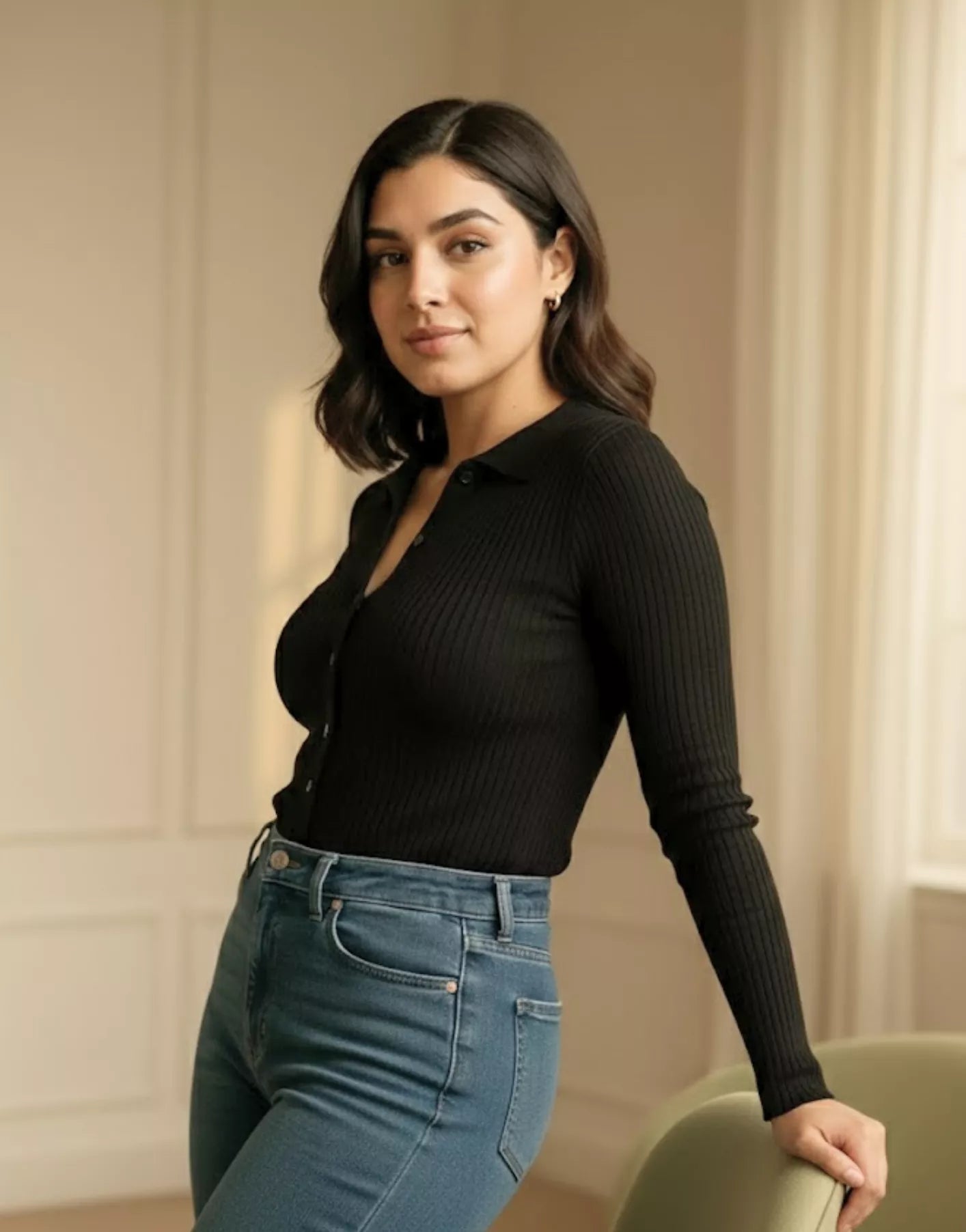 SGW Black V-Neck Knit Shirt Full Button - Full Sleeves