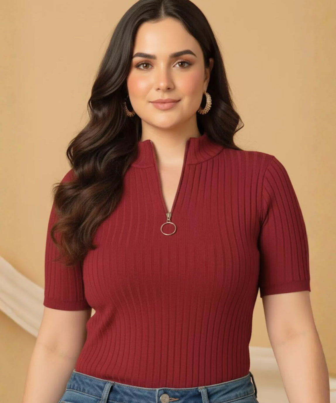 SGW Maroon Mock Zipper Knit Tee – Stylish & Comfortable - Half Sleeves