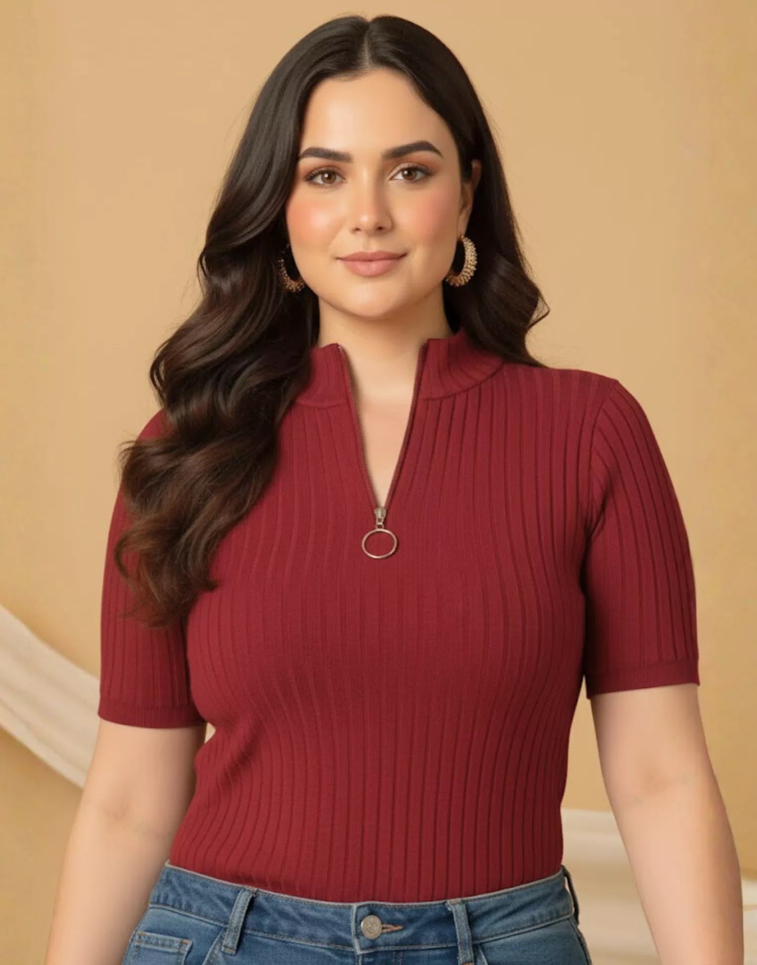 SGW Maroon Mock Zipper Knit Tee – Stylish & Comfortable - Half Sleeves