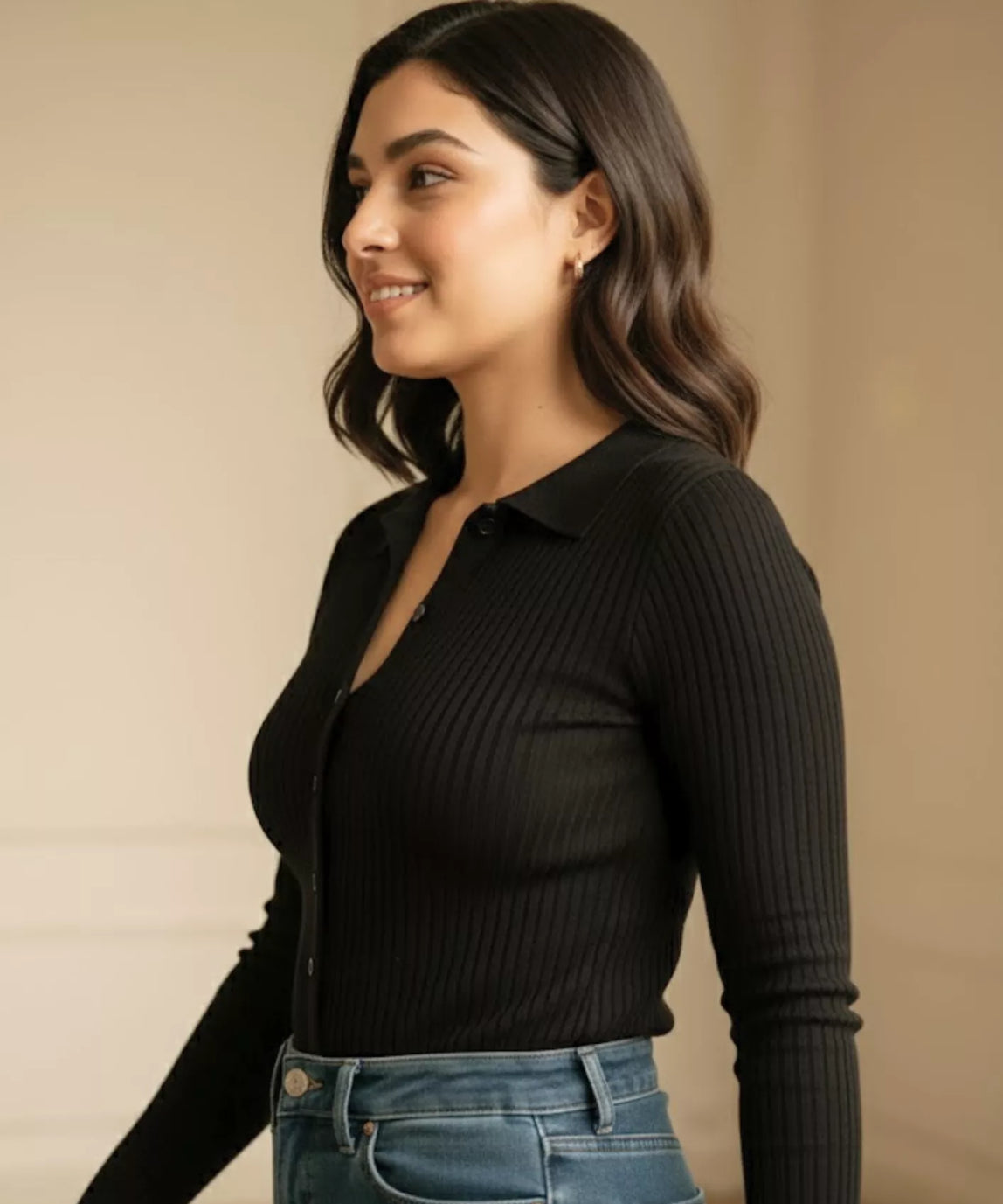 SGW Black V-Neck Knit Shirt Full Button - Full Sleeves