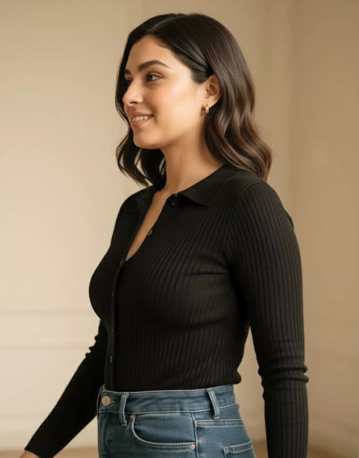 SGW Black V-Neck Knit Shirt Full Button - Full Sleeves