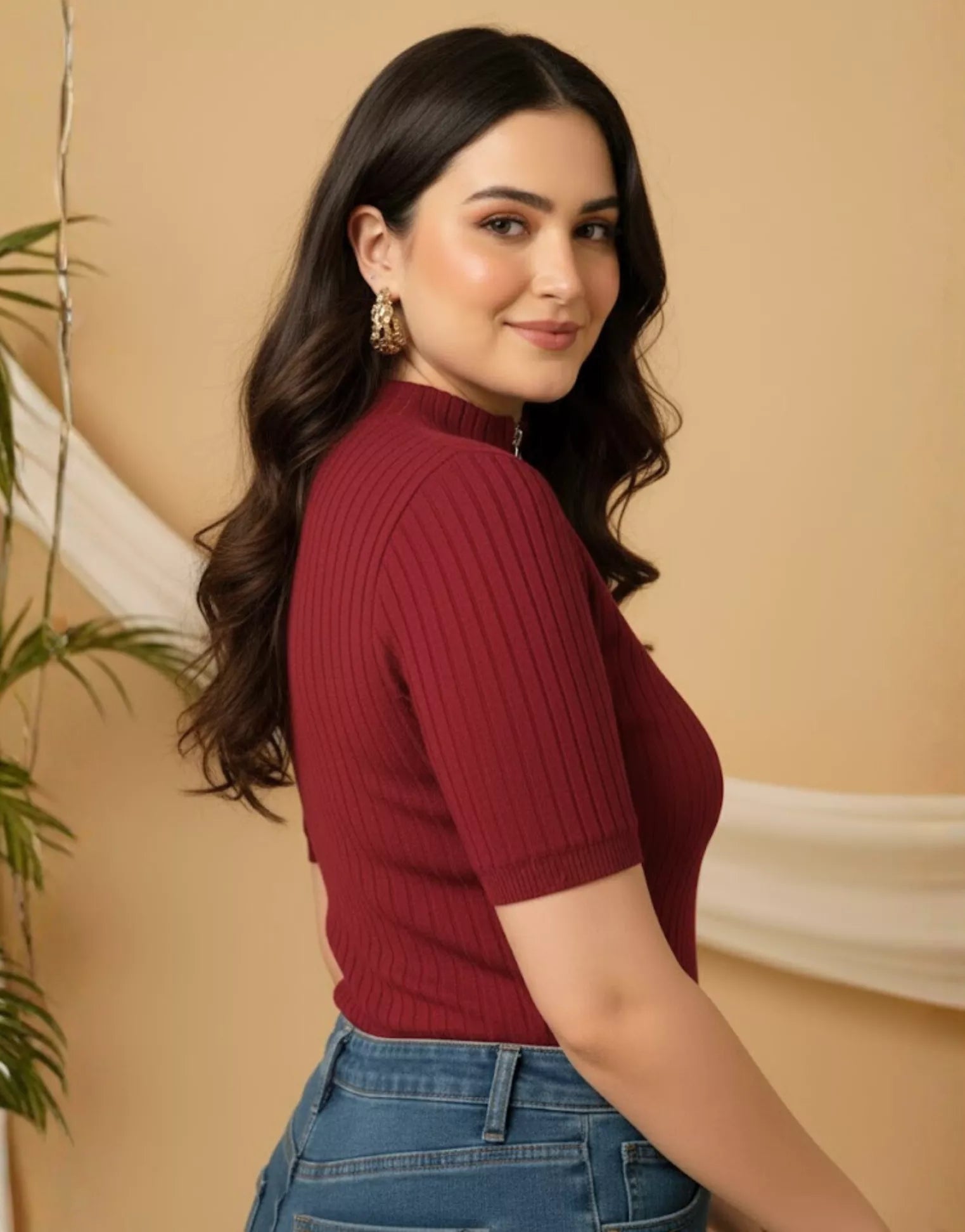 SGW Maroon Mock Zipper Knit Tee – Stylish & Comfortable - Half Sleeves