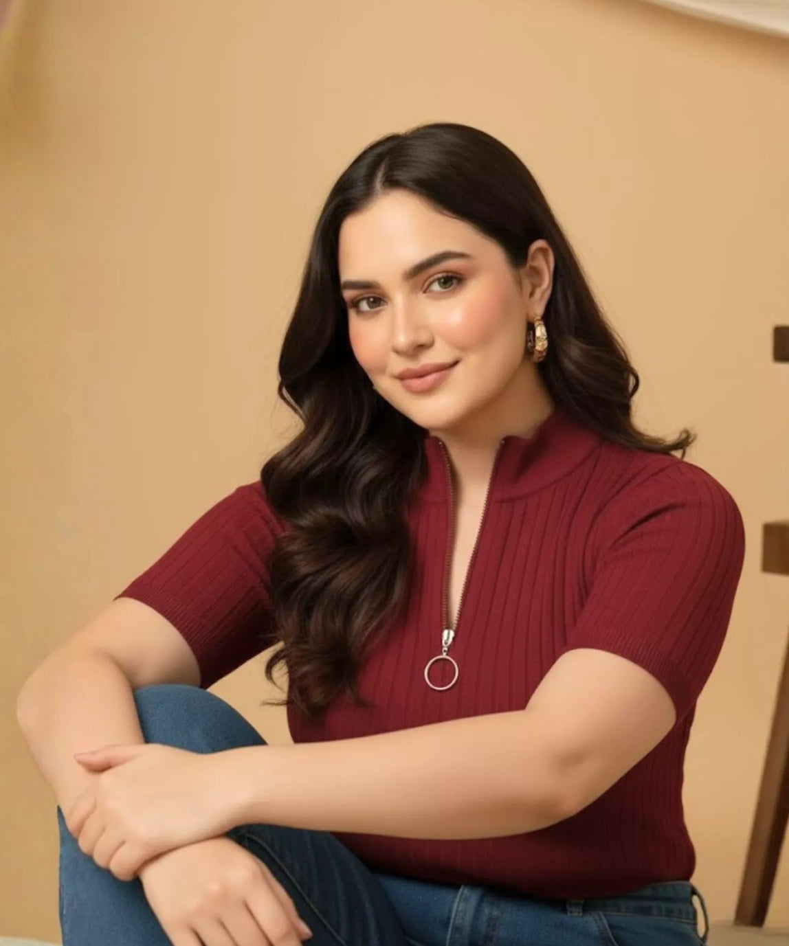 SGW Maroon Mock Zipper Knit Tee – Stylish & Comfortable - Half Sleeves