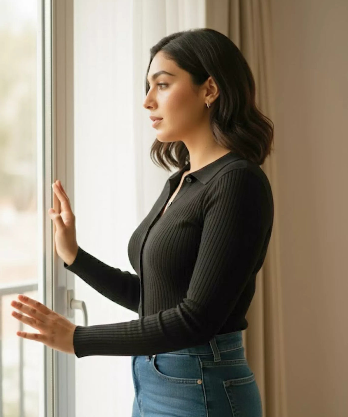 SGW Black V-Neck Knit Shirt Full Button - Full Sleeves