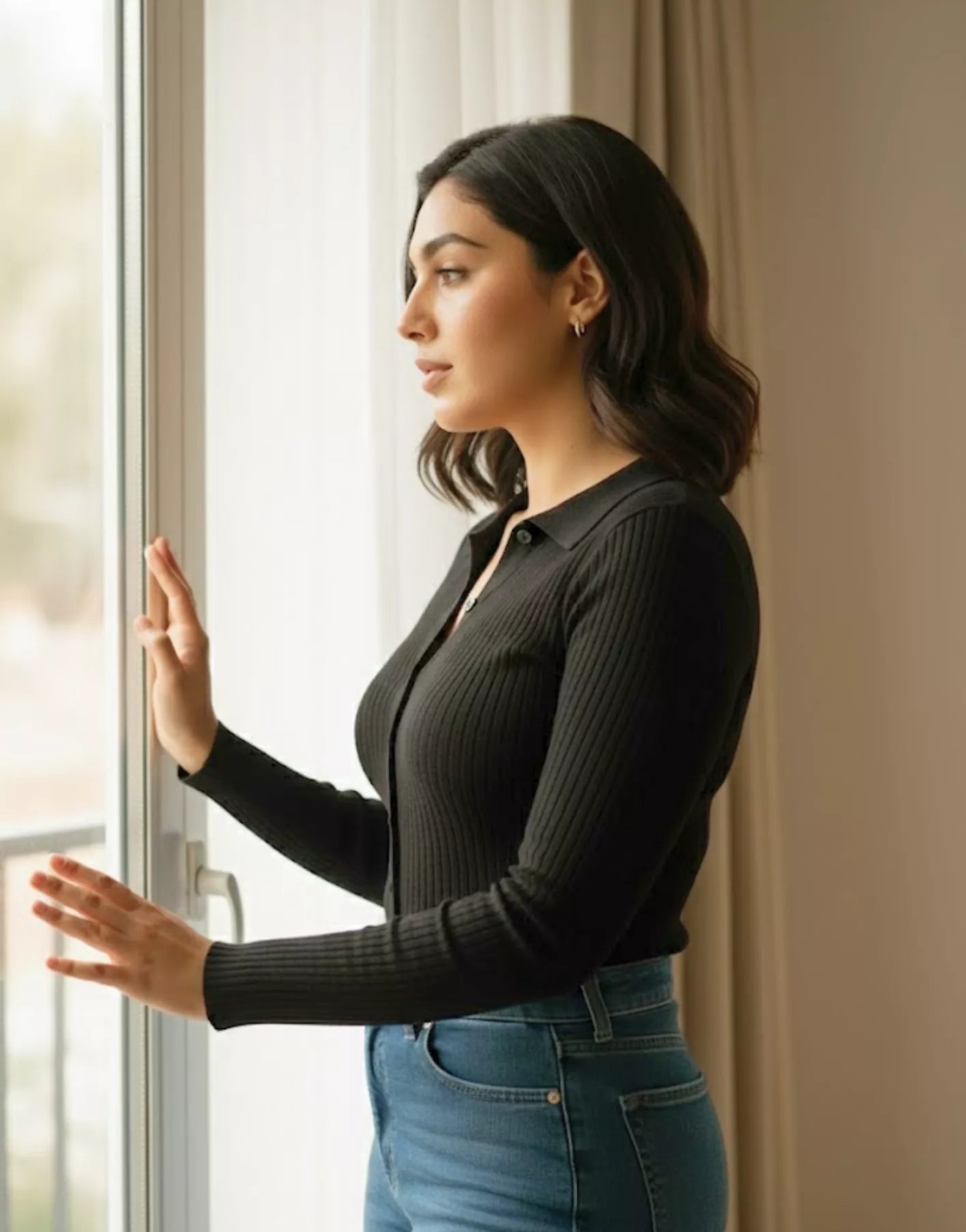 SGW Black V-Neck Knit Shirt Full Button - Full Sleeves