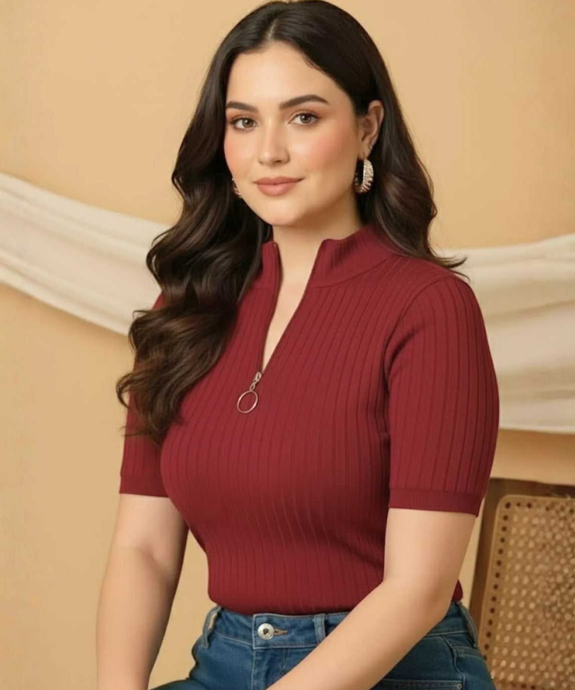 SGW Maroon Mock Zipper Knit Tee – Stylish & Comfortable - Half Sleeves