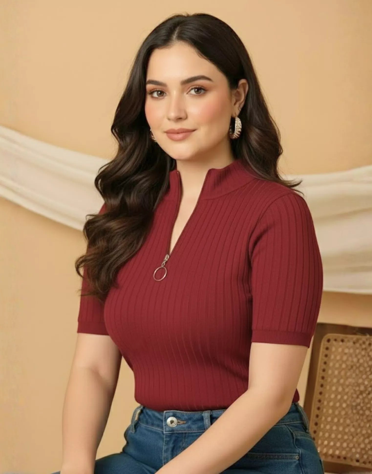 SGW Maroon Mock Zipper Knit Tee – Stylish & Comfortable - Half Sleeves