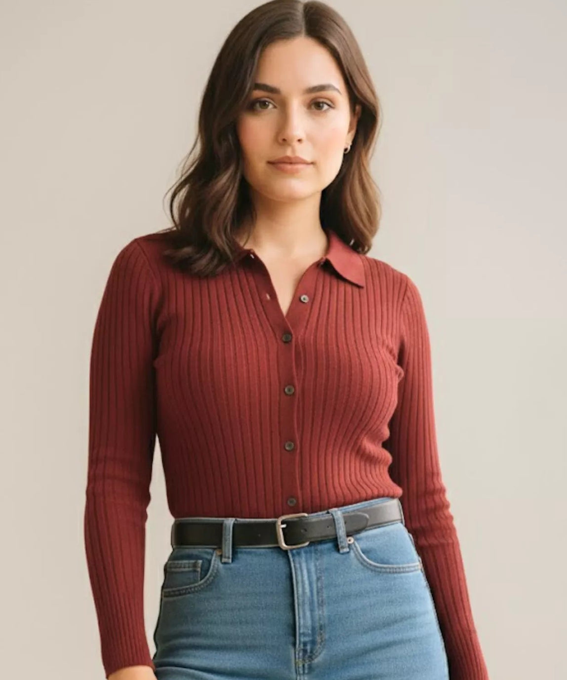 SGW Maroon V-Neck Knit Shirt Full Button - Full Sleeves
