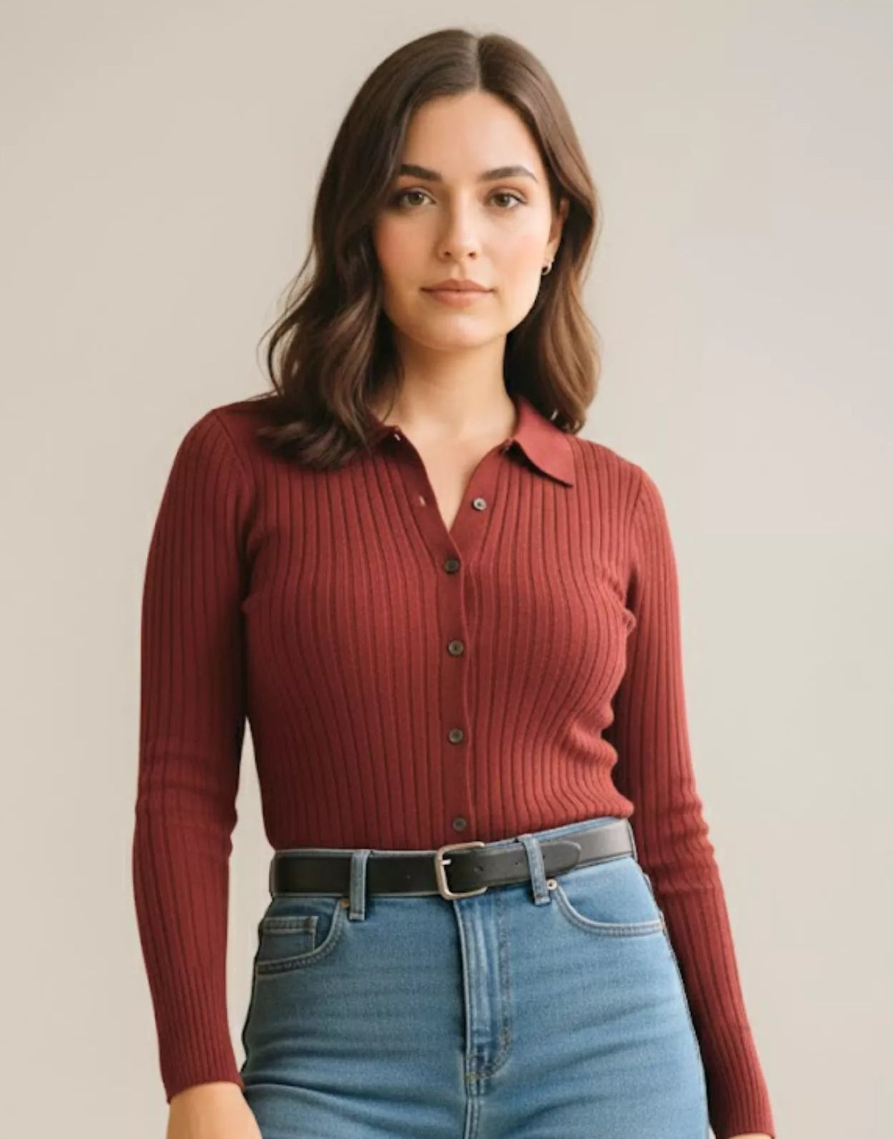 SGW Maroon V-Neck Knit Shirt Full Button - Full Sleeves