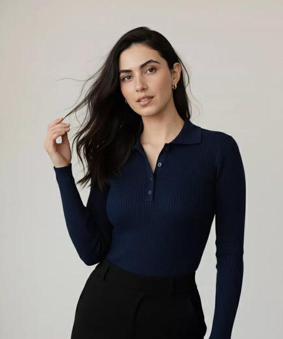 SGW Navy Blue V-Neck Knit Shirt Half Button - Full Sleeves