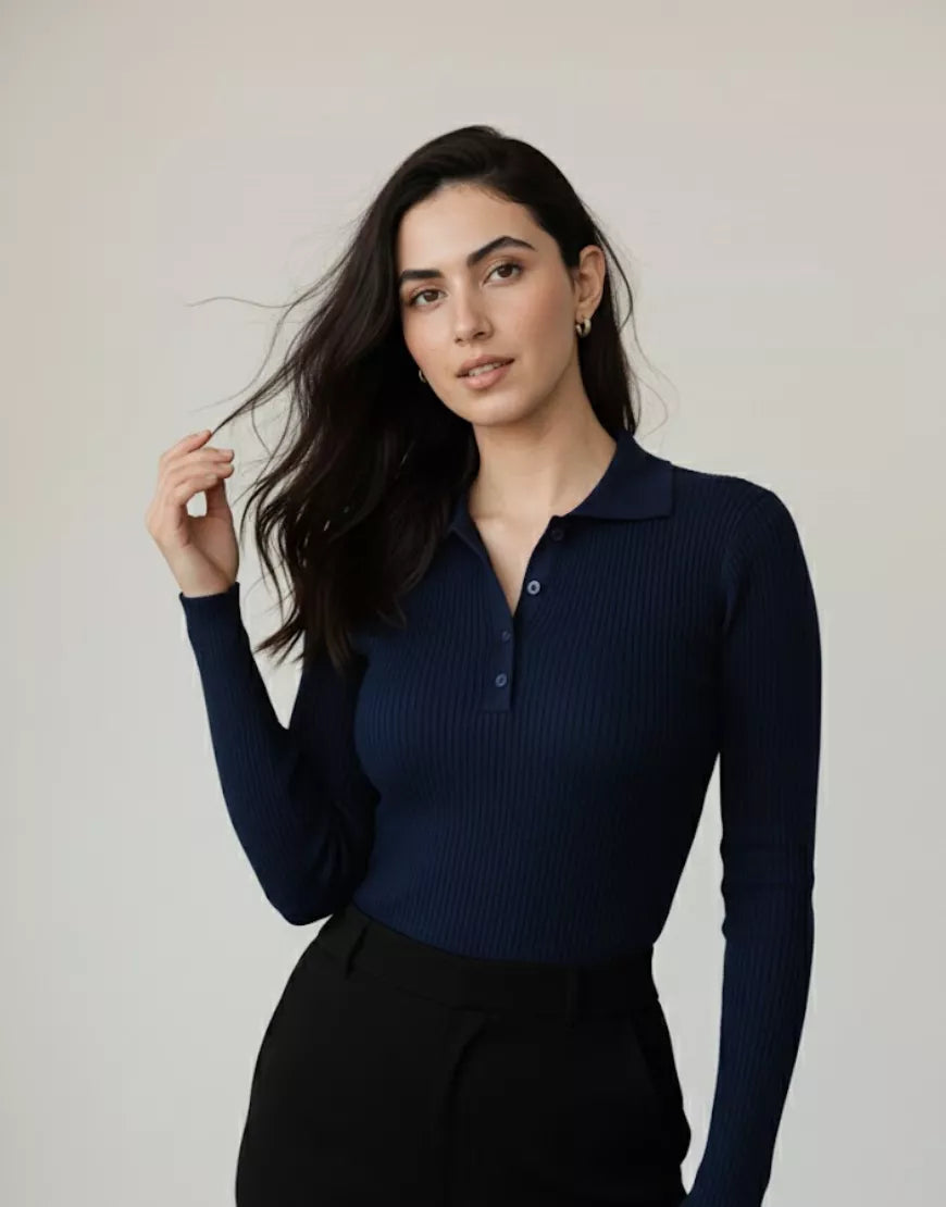 SGW Navy Blue V-Neck Knit Shirt Half Button - Full Sleeves
