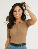 SGW Beige Front Full Button Rib Knit Tee - Half Sleeves