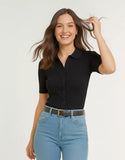 SGW Black Front Full Button Rib Knit Tee - Half Sleeves