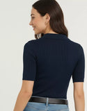 SGW Navy Blue Front Full Button Rib Knit Tee - Half Sleeves