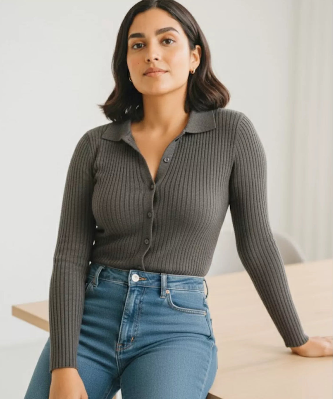 SGW Grey V Neck Knit Shirt Full Button - Full Sleeves