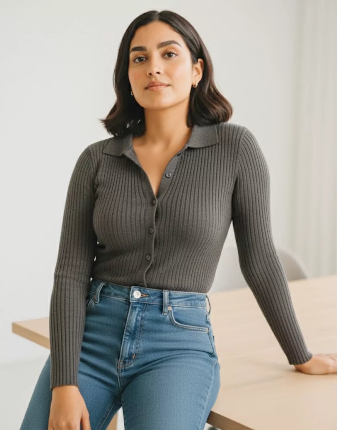 SGW Grey V Neck Knit Shirt Full Button - Full Sleeves