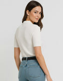 SGW Pure White Front Full Button Rib Knit Tee - Half Sleeves