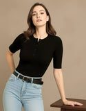SGW Black Round Neck Button-Front Top - Half Sleeves