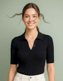 SGW Black Ribbed Button Polo Tee - Half Sleeves