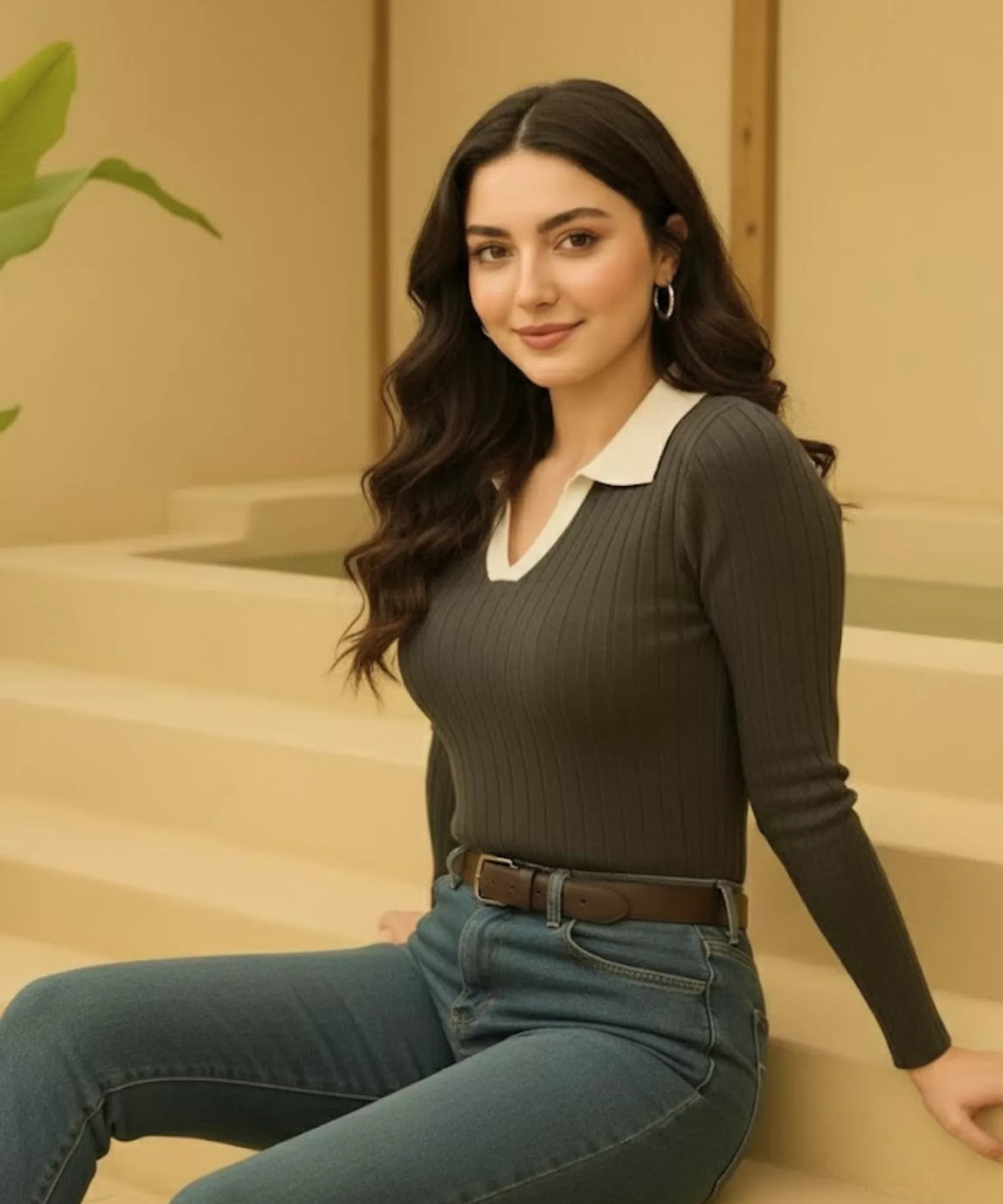 SGW - Charcoal Ribbed Knit Polo - White Contrast Collar Full Sleeves