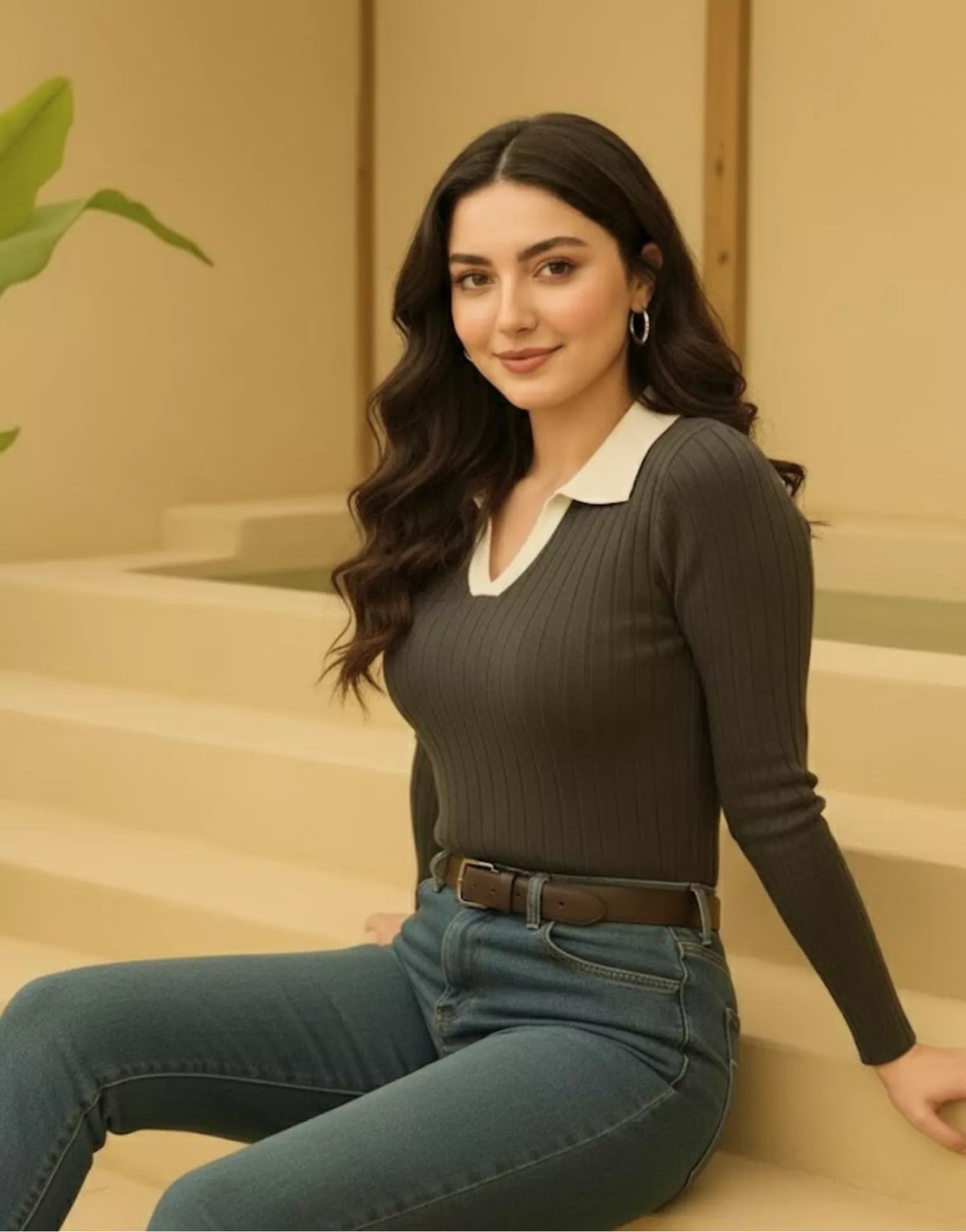 SGW - Charcoal Ribbed Knit Polo - White Contrast Collar Full Sleeves