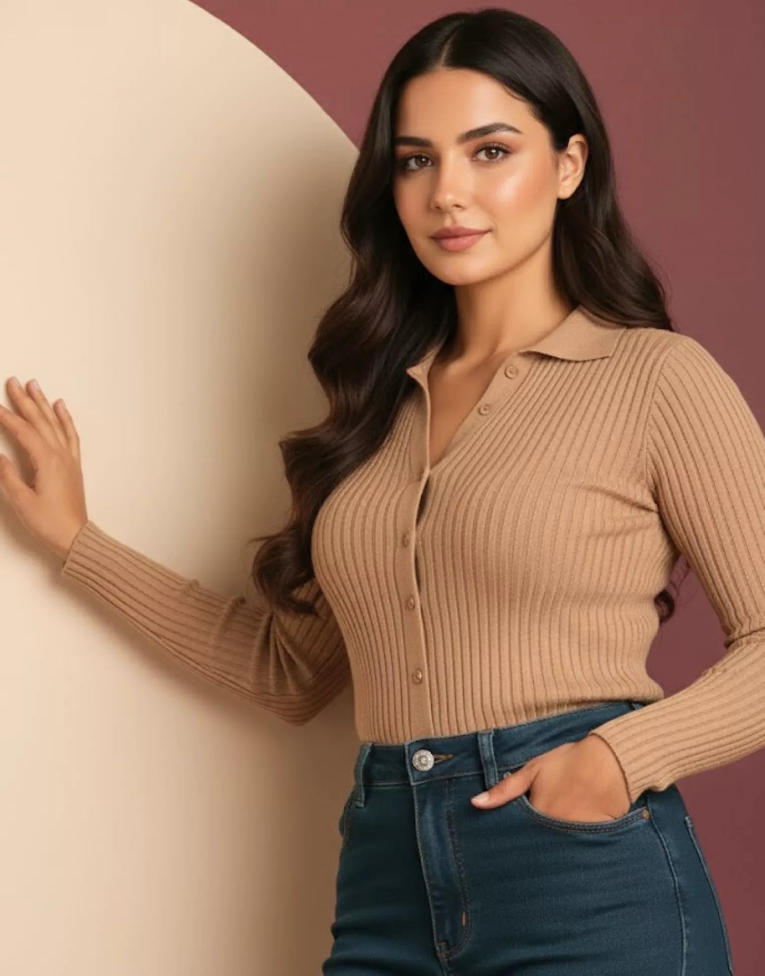 SGW Beige V-Neck Knit Shirt Full Button - Full Sleeves