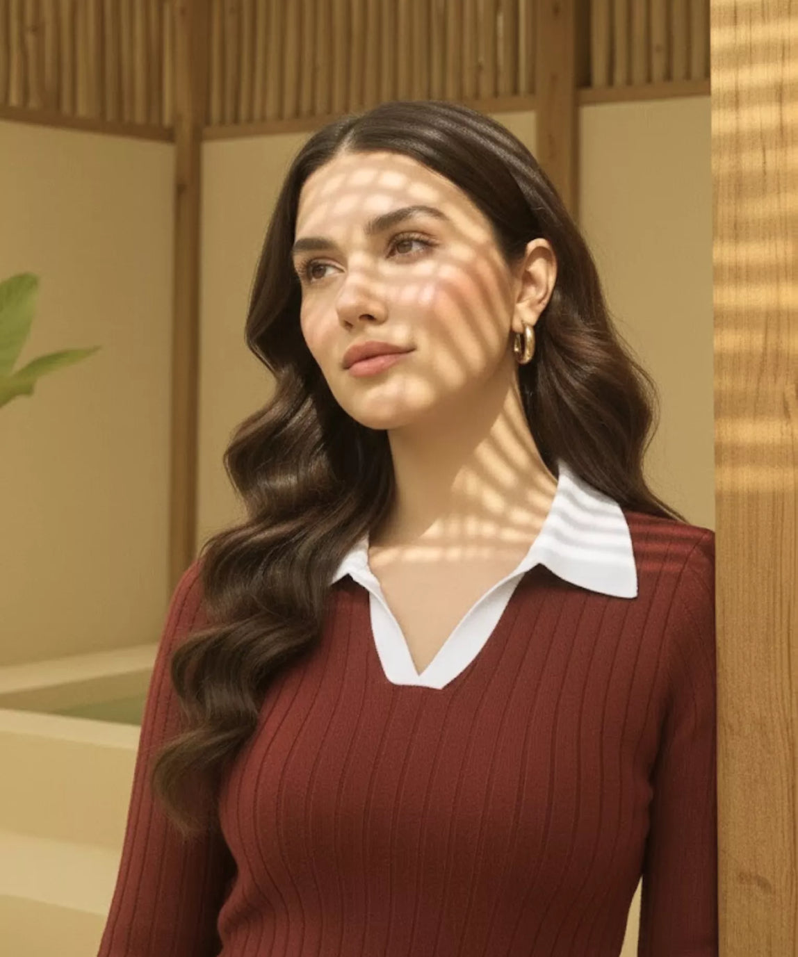 SGW - Maroon Ribbed Knit Polo - White Contrast Collar – Full Sleeves