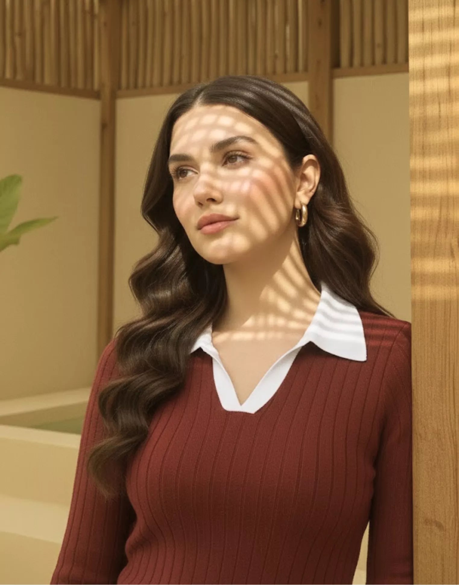 SGW - Maroon Ribbed Knit Polo - White Contrast Collar – Full Sleeves