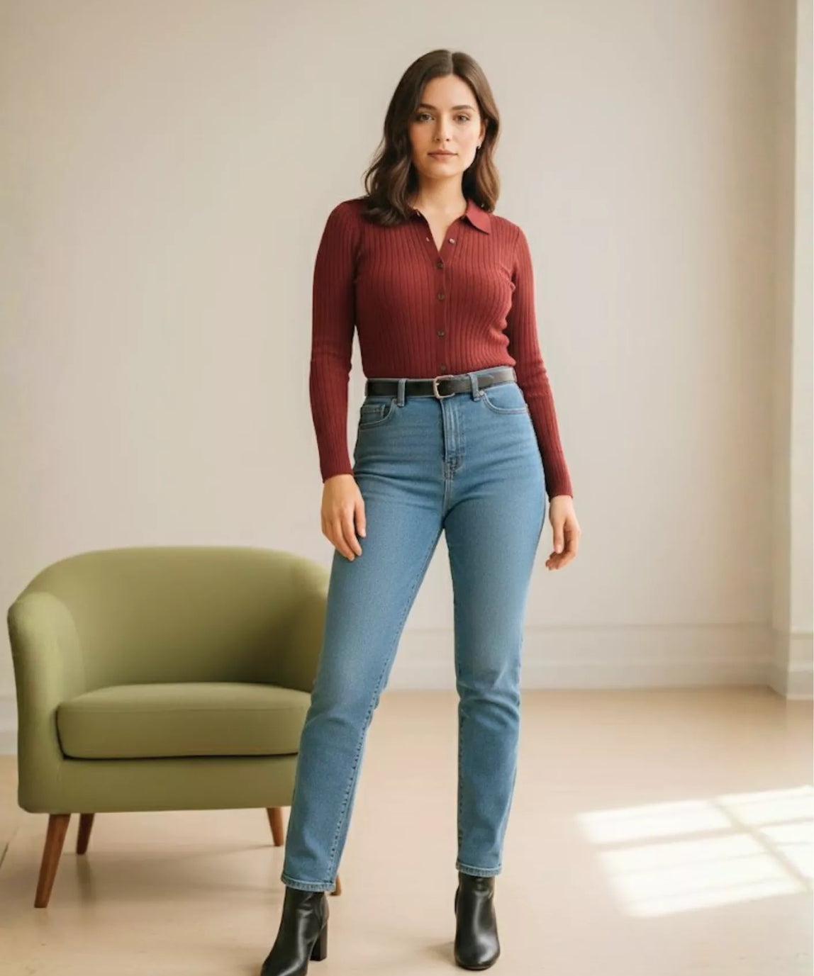 SGW Maroon V-Neck Knit Shirt Full Button - Full Sleeves