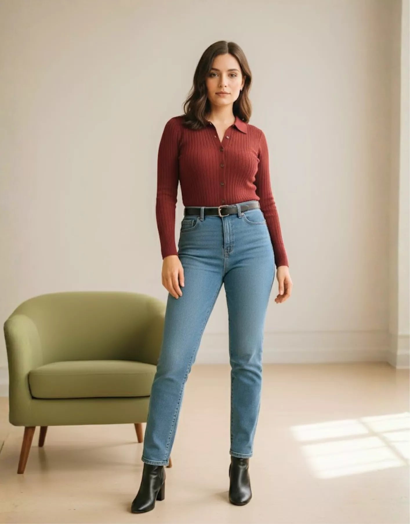 SGW Maroon V-Neck Knit Shirt Full Button - Full Sleeves