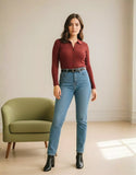 SGW Maroon V-Neck Knit Shirt Full Button - Full Sleeves