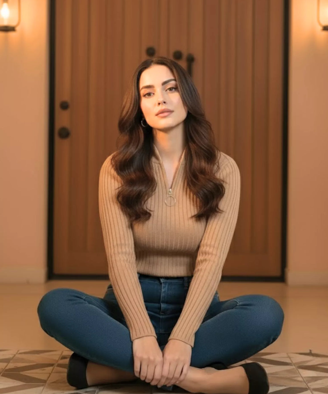 SGW Beige Mock Zip Knit Tee - Full Sleeves