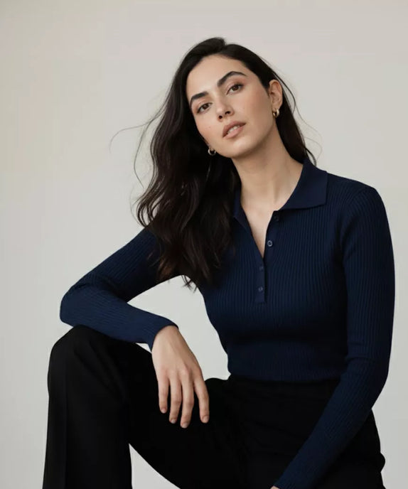 SGW Navy Blue V-Neck Knit Shirt Half Button - Full Sleeves